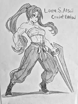 Rule 34 | 1girl, abs, absurdres, bare shoulders, boots, chest sarashi, collarbone, commentary, commission, double-parted bangs, eiyuu densetsu, energy sword, english commentary, english text, graphite (medium), greyscale, hair between eyes, halo (series), high ponytail, highres, holding, holding sword, holding weapon, laura s. arseid, long hair, long single sidelock, monochrome, muscular, muscular female, navel, plasma sword, ponytail, sarashi, sen no kiseki (series), single sidelock, solo, stomach, sword, takuu (seadog6662), traditional media, type-1 energy sword, very long hair, weapon