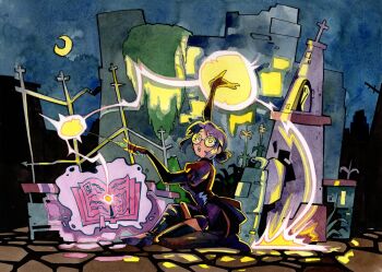 1girl :o black_boots book boots borrowed_character casting_spell cobblestone commentary cross english_commentary from_side glasses hair_bun highres juliet_sleeves latin_cross long_sleeves looking_up magic magnagallina miniskirt moon moss night on_ground open_book open_mouth original outdoors painting_(medium) puffy_sleeves purple_eyes purple_hair round_eyewear ruins second-party_source short_hair sidelocks single_hair_bun sitting skirt solo thigh_boots traditional_media wand watercolor_(medium) witch