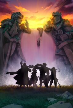 2boys 2girls absurdres archer_queen_(clash_of_clans) artist_request barbarian_king braid braided_ponytail clash_of_clans commentary crown english_commentary grand_warden grass highres holding holding_sword holding_weapon long_hair multiple_boys multiple_girls outdoors royal_champion silhouette sunset sword water waterfall weapon