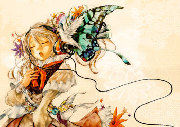 1girl bee_cosine bird blue_wings brown_background brown_dress butterfly_wings closed_eyes commentary_request dove dress floating_hair flower grey_hair headphones insect_wings long_hair long_sleeves neckerchief open_mouth orange_flower orange_neckerchief original solo traditional_media upper_body watercolor_pencil_(medium) wings