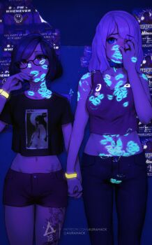 2girls aurahack bite_mark blue_eyes choker covering_face crop_top fingers_to_mouth glasses highres holding_hands implied_after_sex jewelry leg_tattoo lips lipstick_mark lipstick_mark_on_arm lipstick_mark_on_breast lipstick_mark_on_face lipstick_mark_on_neck lipstick_mark_on_shoulder lipstick_mark_on_stomach midriff multiple_girls nail_polish navel nightclub original pants patreon_username pink_hair poster_(object) purple_hair red_eyes ring shirt short_hair shorts t-shirt tattoo ultraviolet_light wristband yuri