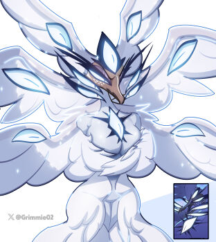 1girl absurdres angel_wings beak biblically_accurate_angel breasts dark-skinned_female dark_skin feathered_wings feathers freckles furry furry_female grimmie02 hazbin_hotel hellaverse highres large_breasts sera_(hazbin_hotel) slit_pupils solo too_many_eyes white_eyes white_feathers wings