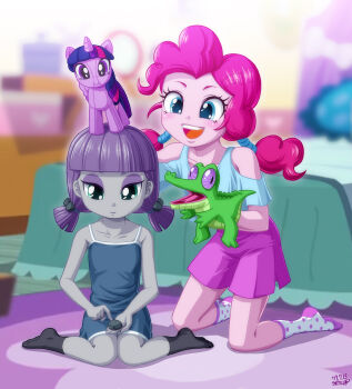 2girls age_difference aged_down alligator blue_eyes colored_skin crocodilian grey_skin hair_tie highres maud_pie multiple_girls my_little_pony my_little_pony:_equestria_girls my_little_pony:_friendship_is_magic personification pink_hair pink_skin pinkie_pie princess_twilight_sparkle puppet purple_hair short_twintails siblings sisters socks stone stuffed_toy twilight_sparkle twintails uotapo