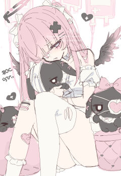 Rule 34 | 1girl, black halo, blunt bangs, commentary request, cowboy shot, gauze, gauze on knee, gauze over eye, grey eyes, hair ornament, hair ribbon, hairclip, halo, heart, heart-shaped pupils, highres, holding, holding stuffed toy, intravenous drip, long hair, looking at viewer, melting halo, one eye covered, original, parallel hairclips, parted lips, pink hair, ribbon, shirt, single thighhigh, solo, stuffed animal, stuffed rabbit, stuffed toy, symbol-shaped pupils, thighhighs, torn clothes, torn thighhighs, white ribbon, white shirt, white thighhighs, x hair ornament, yu o015