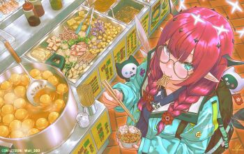 Rule 34 | 1girl, anversailles, black shirt, black skirt, bloom (irys), blue eyes, blue jacket, bowl, braid, chopsticks, commentary, demon horns, double halo, food, food request, gloom (irys), halo, heterochromia, highres, holding, holding bowl, holding chopsticks, hololive, hololive english, horns, indoors, irys (gaming casual) (hololive), irys (hololive), jacket, long hair, looking at viewer, mouth hold, noodles, official alternate costume, pointy ears, ramen, red eyes, shirt, skirt, solo, star halo, symbol-only commentary, twin braids, virtual youtuber, wings