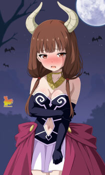 Rule 34 | 1girl, absurdres, aura (sousou no frieren), aura (sousou no frieren) (cosplay), bare shoulders, bat (animal), black gloves, blush, braid, breasts, brown corset, brown eyes, brown hair, capelet, cleavage, clothing cutout, corset, cosplay, demon horns, elbow gloves, full moon, gloves, gold choker, highres, horns, iino miko, kaguya-sama wa kokurasetai ~tensai-tachi no renai zunousen~, long hair, low twintails, medium breasts, metaminegl, moon, multiple braids, navel cutout, night, outdoors, shirt, skirt, sousou no frieren, spanish commentary, strapless, strapless shirt, twintails, white capelet, white skirt