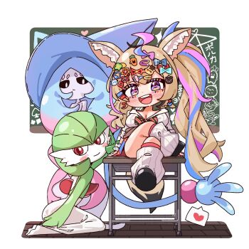 absurdres ahoge ai_ai_gasa animal_ear_fluff animal_ears black_sclera black_shoes blonde_hair blue_hair blue_streaks blush bow bowtie breasts brown_sweater chalk_drawing chalkboard chibi classroom cleavage clothes_around_waist colored_sclera colored_skin commentary_request crossed_legs crossover decora deformed desk fox_ears fox_girl fox_tail gardevoir gen_3_pokemon gen_8_pokemon green_skin gyaru hair_ornament hatterene heart heart_in_eye highres hololive indoors jadea5124 kogal large_breasts leg_warmers long_hair looking_at_viewer loose_socks multicolored_bow multicolored_bowtie multicolored_hair multicolored_skin multiple_girls nintendo official_alternate_costume official_alternate_hairstyle omaru_polka omaru_polka_(school_uniform) on_desk open_mouth pink_hair pink_streaks pokemon pokemon_(creature) purple_eyes red_eyes school_desk shirt shoes side_ponytail sitting skirt smile socks spoken_heart streaked_hair sweater sweater_around_waist symbol-shaped_pupils symbol_in_eye tail teeth too_many_hair_ornaments two-tone_skin upper_teeth_only very_long_hair virtual_youtuber white_leg_warmers white_shirt white_skin