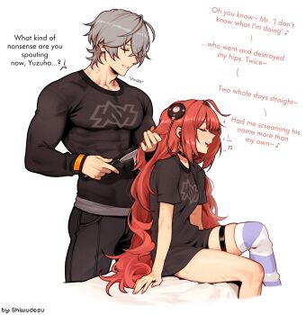 1boy 1girl abs absurdres bite_mark bite_mark_on_neck black_pants black_sailor_collar black_shirt brushing_another's_hair brushing_hair closed_eyes collarbone commentary cropped_legs crossed_bangs english_commentary english_text grey_hair hair_between_eyes hearing_aid hetero highres holding holding_brush long_hair on_bed open_mouth pants parted_lips print_shirt red_hair sailor_collar shirt shiwudesu short_hair simple_background sitting skindentation smile striped_clothes striped_thighhighs thigh_strap thighhighs ukinami_yuzuha white_background wise_(zenless_zone_zero) zenless_zone_zero