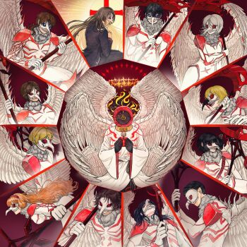 1other 6+boys 6+girls absurdres angel angel_wings apostle_(project_moon) black_hair blonde_hair bob_cut brown_hair chyapssal clock dante_(limbus_company) don_quixote_(project_moon) e.g.o_(project_moon) faust_(project_moon) fire gregor_(project_moon) grin halo heathcliff_(project_moon) highres holding holding_scythe hong_lu_(project_moon) ishmael_(project_moon) limbus_company lobotomy_corporation long_hair looking_at_viewer meursault_(project_moon) multiple_boys multiple_girls multiple_wings object_head orange_hair outis_(project_moon) paradise_lost_(e.g.o) project_moon rodion_(project_moon) ryoshu_(project_moon) scythe seraph short_hair sinclair_(project_moon) smile very_long_hair white_hair white_mask white_wings whitenight_(project_moon) wings yi_sang_(project_moon)