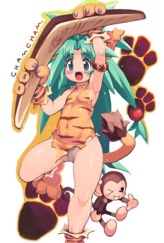 1girl animal_hands aqua_eyes aqua_hair blush boomerang cham_cham female_focus gloves green_hair hair_ornament long_hair monkey one_eye_closed paku_paku paw_gloves paw_shoes samurai_spirits shoes snk solo sphere_hair_ornament tail weapon wink yu_3