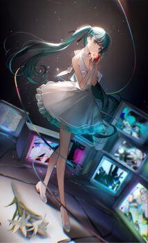1girl apple aqua_eyes aqua_hair bare_legs braid dress flower food fruit full_body hatsune_miku high_heels highres koi_wa_sensou_(vocaloid) legs lily_(flower) looking_at_viewer melt_(vocaloid) pumps rumoon solo static television twintails v-neck vocaloid white_dress white_flower white_footwear world_is_mine_(vocaloid)