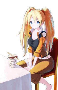 Rule 34 | 1girl, bandaged leg, bandages, barefoot, between legs, black shirt, blonde hair, blue eyes, breasts, chair, chopsticks, cleavage, commentary request, facial mark, genderswap, genderswap (mtf), hand between own legs, instant cup noodles, instant noodles, jacket, long hair, looking at viewer, medium breasts, midriff, naruko (naruto), naruto (series), naruto shippuuden, on chair, open clothes, open jacket, orange jacket, orange pants, pants, shirt, simple background, sitting, solo, table, tic paint, twintails, uzumaki naruto, whisker markings, white background