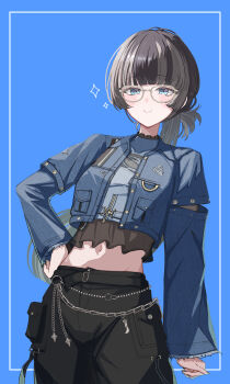 1girl absurdres black_hair black_pants black_shirt blue_background blue_eyes blue_jacket blue_shirt blunt_bangs cargo_pants closed_mouth commentary_request cropped_shirt denim denim_jacket glasses grey_hair hand_on_own_hip highres hololive hololive_dev_is jacket juufuutei_raden juufuutei_raden_(flashpoint) long_hair looking_at_viewer midriff multicolored_hair official_alternate_costume official_alternate_hairstyle pants shintakumin shirt simple_background smile solo torn_clothes torn_shirt two-tone_hair virtual_youtuber wallet_chain