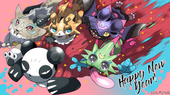 cape chiropmon closed_eyes cougarmon digimon digimon_(creature) digimon_beatbreak gekkomon looking_at_viewer pandamon phatmon_monstraros pristimon red_eyes sharp_teeth smile star_(symbol) teeth wings