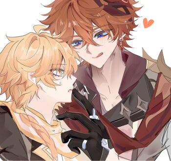 2boys aether_(genshin_impact) ahoge black_gloves black_shirt blonde_hair blue_eyes blush braid collared_shirt crossed_bangs crystal_earrings earrings from_side gem genshin_impact gloves grey_jacket hair_between_eyes hand_up heart highres ichi_(010_ichi) jacket jewelry lapels long_hair looking_at_another low-braided_long_hair low-tied_long_hair male_focus mask mask_on_head multiple_boys open_mouth orange_hair red_gem red_mask red_scarf red_shirt ring scarf shirt short_hair simple_background single_braid single_earring smile sweatdrop tartaglia_(genshin_impact) tongue tongue_out upper_body white_background white_scarf yaoi
