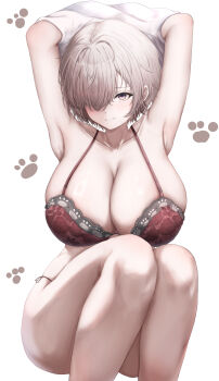 1girl absurdres armpits arms_up blush bra breasts cleavage closed_mouth collarbone commentary_request feet_out_of_frame hair_over_one_eye highres huge_breasts looking_at_viewer one_eye_covered original panties purple_eyes red_bra red_panties samidarekinoko short_hair side-tie_panties simple_background sitting solo thighs underwear white_background white_hair