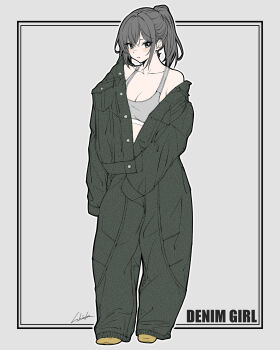 1girl baggy_pants bambi_surprise black_jacket black_pants breasts commentary english_commentary full_body grey_eyes grey_hair grey_sports_bra highres jacket looking_at_viewer medium_breasts open_clothes open_jacket original pants ponytail signature solo sports_bra standing