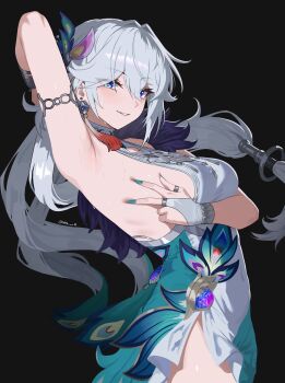 1girl absurdres aqua_nails arm_up armpits bare_shoulders black_background blue_eyes breasts bridal_gauntlets commentary covered_navel cowboy_shot dress earrings feather_hair fingernails from_side grey_hair hair_ornament highres honkai:_star_rail honkai_(series) jewelry large_breasts long_fingernails long_hair looking_at_viewer looking_to_the_side nail_polish nvl parted_lips presenting_armpit side_slit sideboob simple_background smile solo sweat twitter_username white_bridal_gauntlets white_dress yao_guang_(honkai:_star_rail)
