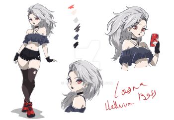 1girl black_eyeshadow black_gloves black_lips black_shorts black_thighhighs brown_thighhighs cellphone character_name color_guide commentary copyright_name deedo781 deviantart_logo deviantart_username earrings english_commentary eyeshadow fingerless_gloves gloves grey_hair grey_shirt gym_shorts halterneck hellaverse helluva_boss humanization jewelry long_hair looking_at_viewer loona_(helluva_boss) makeup midriff multiple_views navel obnoxious_watermark orange_eyes parted_lips phone red_shoes shirt shoes short_shorts shorts smartphone thighhighs torn_clothes torn_thighhighs v-shaped_eyebrows watermark