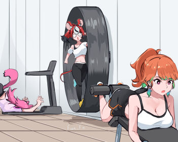 3girls alternate_costume alternate_hairstyle animal_ear_fluff animal_ears asymmetrical_footwear backless_outfit black_hair black_leggings breasts cleavage earrings exercising faceplant feather_earrings feathers fian_f.n gym hakos_baelz hamster_wheel hololive hololive_english indoors jewelry large_breasts leggings long_hair mismatched_footwear mouse_ears mouse_girl multicolored_hair multiple_girls off-shoulder_shirt off_shoulder orange_hair panther_ears panther_girl panther_tail pink_hair purple_eyes raora_panthera red_hair running shirt streaked_hair tail takanashi_kiara treadmill virtual_youtuber white_hair
