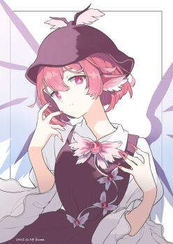 1girl animal_ears bird_ears bird_wings bow brown_dress collared_shirt dated dress fingernails frilled_sleeves frills hat highres jewelry kumateya long_sleeves looking_at_viewer mystia_lorelei pink_eyes pink_hair puffy_long_sleeves puffy_sleeves sharp_fingernails shirt short_hair signature simple_background solo touhou white_background white_shirt wide_sleeves winged_hat wings