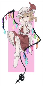 Rule 34 | 1girl, blonde hair, commentary request, crystal wings, flandre scarlet, hat, highres, looking at viewer, mob cap, no shoes, o (crazyoton46), pointy ears, red eyes, red skirt, red vest, side ponytail, skirt, smile, socks, solo, touhou, vest, white socks, wings