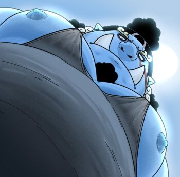 1boy bara belly big_belly black_hair black_tank_top blue_skin colored_skin curly_eyebrows facial_hair fat fat_man fish_boy fishdaddyjinbe foreshortening from_below goatee half-closed_eyes highres jinbe_(one_piece) large_pectorals long_hair looking_at_viewer looking_down male_breasts male_focus mature_male meme monster_boy muscular muscular_male nipple_slip nipples obese one_piece pectoral_cleavage pectoral_focus pectorals photo-referenced sidepec solo sunlight tank_top thick_eyebrows tusks ugly_bastard upper_body pec_pov_(meme)
