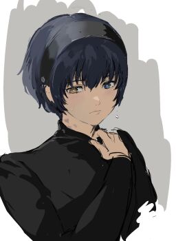 Rule 34 | 1boy, arm up, black shirt, blue hair, cropped torso, dark blue hair, hairband, hand on own chest, heterochromia, highres, long sleeves, looking to the side, male focus, metal hairband, metaphor: refantazio, protagonist (metaphor: refantazio), samerkgk, shirt, sideways glance, solo, upper body