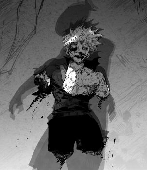 1boy absurdres amputee bakugou_katsuki blood boku_no_hero_academia bomb_devil_(chainsaw_man) bruise bruised_eye chainsaw_man commentary crossover english_commentary greyscale highres injury monochrome neitheyagi nosebleed quadruple_amputee shadow short_hair spiked_hair torn_clothes