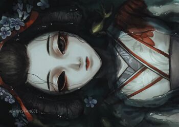 1girl artist_name black_eyes black_hair black_sclera blue_flower closed_mouth colored_sclera expressionless eyelashes flower geisha hair_flower hair_ornament hnnstkn001 identity_v japanese_clothes kimono lipstick looking_at_viewer lying makeup marumage michiko_(chintz)_(identity_v) michiko_(identity_v) nihongami obi pale_skin partially_submerged protected_link red_lips sash solo upper_body water white_facepaint white_kimono