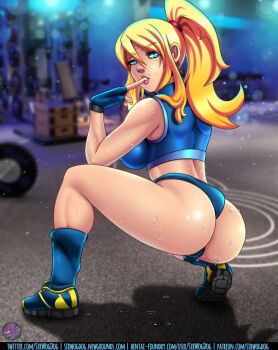 1girl ass blonde_hair blue_eyes blurry blurry_background breasts buruma dripping exercise_machine eyelashes finger_to_mouth fingerless_gloves formal_clothes from_behind gloves hentai-foundry_username highres large_breasts light_particles lips long_hair looking_at_viewer looking_back metroid midriff mole mole_above_mouth newgrounds_username nintendo parted_lips patreon_username ponytail samus_aran shoes sidelocks sir_wog_dog sirwogdog skin_tight sleeveless socks sports_bra sportswear squatting suit sweat twitter_username very_sweaty