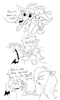 absurdres animal_focus antlers asymmetrical_horns beard discord_(my_little_pony) disembodied_head english_text facial_hair fangs flutterbat fluttershy greyscale highres horns long_hair mismatched_horns monochrome my_little_pony my_little_pony:_friendship_is_magic no_humans pelma pony_(animal) speech_bubble teardrop thought_bubble vampire very_long_hair wings