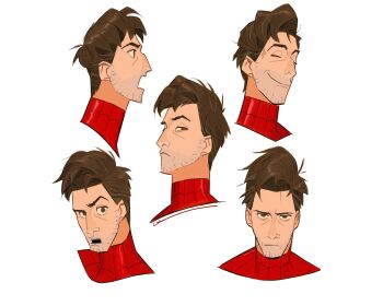 1boy beard_stubble bodysuit brown_eyes brown_hair closed_mouth cropped_shoulders dingnin98201637 facial_hair frown hashtag-only_commentary highres looking_to_the_side male_focus marvel multiple_expressions multiple_views open_mouth peter_b_parker red_bodysuit short_hair sideways_glance simple_background spider-man spider-man:_across_the_spider-verse spider-man_(series) spider-verse spider_web_print stubble teeth upper_teeth_only white_background