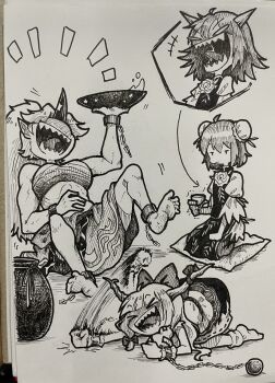 &gt;_&lt; 4girls afterimage arrow_(symbol) ball_and_chain_restraint bandaged_arm bandages barefoot bow bun_cover chain chest_sarashi closed_eyes closed_mouth commentary cuffs cup double_bun flower greyscale hair_bow hair_bun highres holding holding_cup horn_ornament horn_ribbon horns hoshiguma_yuugi ibaraki_douji_(touhou) ibaraki_kasen ibuki_suika laughing long_hair long_sleeves monochrome multiple_girls oni open_mouth photo_(medium) pointy_ears ribbon rose sakazuki sarashi seiza shackles sharp_teeth shirt single_horn sitting skirt smile socks suteruko tabard teeth toes touhou traditional_media trembling very_long_hair wrist_cuffs