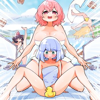 4girls bathhouse blonde_hair blush bow breasts bright_pupils brown_hair bucket cleavage collarbone commentary convenient_arm convenient_censoring faucet frilled_bow frilled_hair_tubes frills gram_9 green_eyes grey_hair hair_bow hair_tubes hakurei_reimu highres kicking kirisame_marisa konpaku_youmu large_breasts long_hair looking_at_viewer multiple_girls naked_towel no_headwear open_mouth pink_hair red_bow rubber_duck saigyouji_yuyuko smile spread_legs touhou towel water white_pupils wooden_bucket