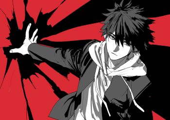 1boy a_certain_high_school_uniform absurdres black_background black_hair black_jacket blazer commentary doya_(doya_oekaki) hair_between_eyes highres hood hoodie imagine_breaker jacket kamijou_touma male_focus red_background scene_reference school_uniform short_hair spiked_hair toaru_majutsu_no_index two-tone_background white_hoodie