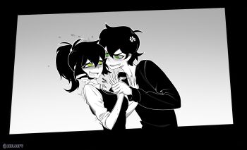 1boy 1girl absurdres aierlaobo andrew_graves black_hair black_sweater black_vest blush collarbone dress_shirt embarrassed flying_sweatdrops green_eyes greyscale grin hand_grab hand_on_another's_head highres jewelry messy_hair monochrome mother_and_son necklace nervous_sweating open_collar renee_graves shirt short_hair sleeves_rolled_up smile sweat sweater sweater_vest the_coffin_of_andy_and_leyley vest