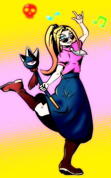 Rule 34 | 1girl, akatsuki blitzkampf, alternate costume, ass, blouse, boots, breasts, en-eins kanzen sekai, high heel boots, high heels, highres, holding, holding mace, holding weapon, horns pose, kati (akatsuki en-eins), living weapon, looking at viewer, mace, medium breasts, musical note, namelessl, necktie, ponytail, shirt, skirt, skull, smile, spiked mace, spikes, sunglasses, wand, weapon