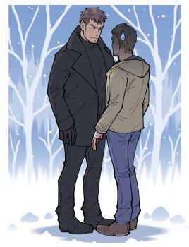 Rule 34 | 2boys, bandaged hand, bandages, bare tree, black coat, black footwear, black gloves, black pants, black shirt, blonde hair, blood, bloody bandages, blue pants, border, brown eyes, brown hair, chris redfield, closed mouth, coat, commentary, denim, english commentary, ethan winters, eye contact, gloves, highres, hood, hood down, hoodie, jeans, kalamari, lapels, long sleeves, looking at another, male focus, multiple boys, nervous sweating, open clothes, open coat, pants, resident evil, resident evil village, shaded face, shirt, short hair, sideburns, snow, snowing, standing, sweat, sweatdrop, thick eyebrows, tree, turtleneck, white border, winter, yellow hoodie