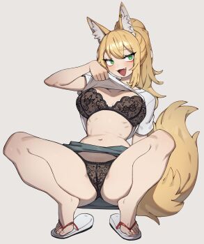 1girl :3 absurdres animal_ear_earrings animal_ear_fluff animal_ears arm_support black_bra black_skirt blonde_hair blush bra breasts clothes_lift commentary commission dot_nose english_commentary eyeliner fang flip-flops flipped_hair flowerpigeon fox_ears fox_tail full_body green_eyes highres lace lace_bra large_breasts long_hair looking_at_viewer makeup navel open_mouth original ponytail raised_eyebrow red_eyeliner ribs sandals shirt shirt_lift short_sleeves sidelocks simple_background skirt smile solo spread_legs straight_hair tail tsurime underwear white_background white_shirt
