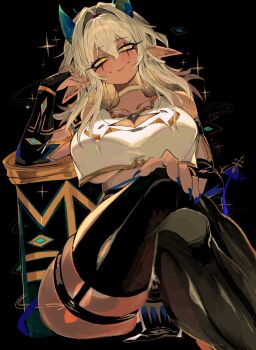 1girl arm_rest black_background black_bridal_gauntlets black_thighhighs blonde_hair blue_nails breasts bridal_gauntlets choker closed_mouth collarbone commentary commission cowboy_shot crossed_legs double-parted_bangs english_commentary fingernails hair_between_eyes hand_on_own_knee highres large_breasts long_hair looking_at_viewer nail_polish original pointy_ears shirt sitting smile solo thighhighs usa37107692 white_shirt yellow_choker yellow_eyes