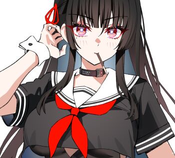 1girl adapted_costume black_choker black_hair black_shirt breasts bright_pupils chisa_(wuthering_waves) choker commentary crop_top food food_in_mouth foxyreine hair_ribbon highres large_breasts long_hair looking_at_viewer mole mole_under_eye neckerchief pocky pocky_in_mouth red_eyes red_neckerchief red_ribbon ribbon sailor_collar shirt short_sleeves simple_background solo unfinished upper_body white_background white_pupils white_sailor_collar wuthering_waves