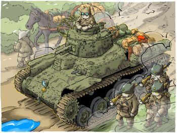 animal arisaka bolt_action cannon caterpillar_tracks gun highres military_vehicle original over_shoulder puddle pullcart rifle vehicle_request water weapon weapon_over_shoulder yabarn