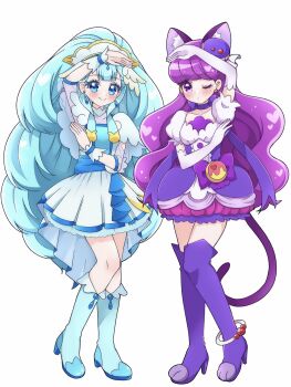 Rule 34 | 2girls, :o, animal ears, arm up, blue boots, blue dress, blue eyes, blue hair, boots, bow, cat ears, cat tail, choker, closed mouth, commentary, cure ange, cure macaron, dress, dress bow, earrings, elbow gloves, food-themed hair ornament, frilled cuffs, gloves, hair ornament, highres, hugtto! precure, jewelry, kirakira precure a la mode, knee boots, kotozume yukari, long hair, looking at viewer, macaron hair ornament, magical girl, multiple girls, one eye closed, pact holder, precure, puffy short sleeves, puffy sleeves, purple boots, purple bow, purple choker, purple dress, purple eyes, purple hair, short dress, short sleeves, simple background, skirt, smile, standing, symmetrical pose, tail, thigh boots, umiyuki (umi chu), very long hair, white background, white gloves, yakushiji saaya