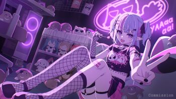 1girl :d asymmetrical_legwear bandaid bandaid_on_arm black_nails black_shirt black_shoes black_skirt blue_hair candy character_doll commentary commission doll elbow_gloves english_commentary fang fishnet_gloves fishnet_socks fishnet_thighhighs fishnets food gloves hatsune_miku highres holding holding_candy holding_food holding_lollipop indoors kagamine_rin knees_up kuromi lollipop looking_at_viewer midriff multicolored_hair my_melody_(series) nail_polish open_mouth original outstretched_arm pink_hair pleated_skirt pointy_ears purple_eyes sanrio seero shirt shoes short_sleeves single_glove single_sock single_thighhigh sitting skirt smile socks solo thighhighs two-tone_hair two_side_up v vocaloid