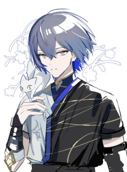 1boy animal animal_on_shoulder arm_guards attsei black_arm_warmers black_shirt blue_hair blue_shirt cat colored_inner_hair commentary_request gold_trim grey_hair highres koyanagi_rou koyanagi_rou_(1st_costume) looking_at_viewer male_focus mandarin_collar multicolored_hair nijisanji otomo_(koyanagi_rou) parted_lips shirt short_hair simple_background sketch two-tone_shirt undershirt unfinished upper_body virtual_youtuber white_background white_shirt yellow_eyes