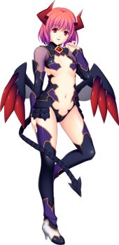 1girl black_thighhighs breasts demon_girl demon_horns demon_tail demon_wings full_body game_cg high_heels highres horns large_variant_set looking_at_viewer low_wings maya_(angel_tear) navel nerawareta_megami_tenshi_angel_tear non-web_source official_art open_mouth pink_hair red_eyes red_hair revealing_clothes short_hair small_breasts smile solo standing standing_on_one_leg tachi-e tail thighhighs transparent_background tsukumo_kazuita variant_set wings