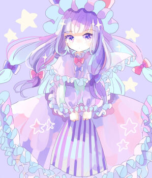 1girl bat_wings crescent crescent_hair_ornament crescent_hat_ornament crescent_pin dress hair_ornament hat hat_ornament hiyuu_(hiyualice) mob_cap one-hour_drawing_challenge patchouli_knowledge purple_dress purple_eyes purple_hair solo star_(sky) striped_clothes striped_dress touhou vertical-striped_clothes vertical-striped_dress wings