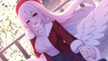 1girl beret black_skirt blue_archive blush breasts coat commentary_request feathered_wings hat highres holding_hands long_hair long_sleeves low_wings maru.selinn mika_(blue_archive) open_mouth pink_hair pink_nails plaid_clothes plaid_coat pov pov_hands railing red_coat red_hat ribbed_sweater sidelocks skirt smile sweater white_sweater white_wings wings yellow_eyes