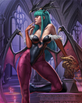 1girl animal_print aqua_hair arm_support artist_name bare_shoulders bat_print bat_wings blunt_bangs blurry breasts bridal_gauntlets candle collarbone commentary darkstalkers demon_girl depth_of_field douglas_bicalho english_commentary eyeshadow finger_to_mouth fur-trimmed_leotard fur_trim half-closed_eyes head_wings highleg highleg_leotard highres indoors large_breasts leotard long_hair looking_to_the_side makeup morrigan_aensland off-shoulder_leotard pantyhose print_pantyhose purple_pantyhose sidelocks solo very_long_hair wings